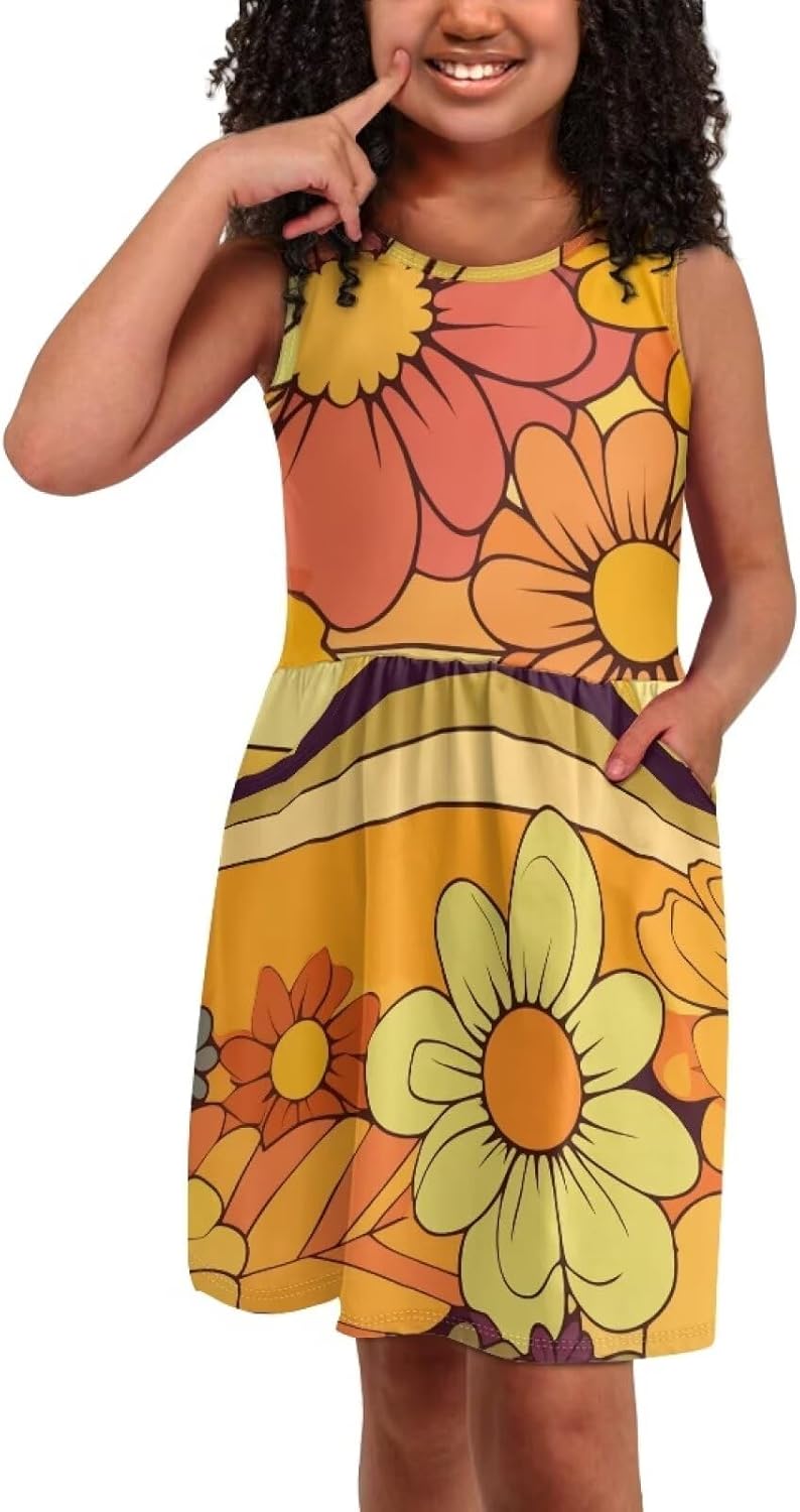 High Waisted Loose Fit A Line Sundress for Girls Crewneck Flared Swing Cute Dress with Pocket - Image 3