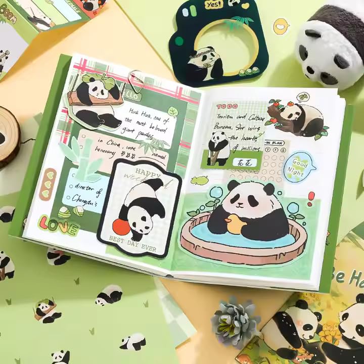 Image of VOTDOT Paper Junk Journal & Scrapbook Kit, Scrapbooking Supplies Kit with Creative Decor Journaling Supplies, Stationery, Stickers, A6 Grid Notebook with Graph Ruled Page Gift for Girl (Panda)