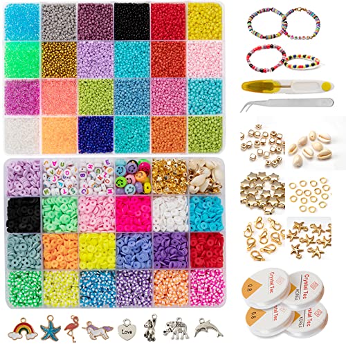17760pcs Flat Clay Beads Glass Seed Beads for Bracelet Jewelry Making Kit, Beads for Necklace Ring Making Kits with Alphabet Beads and Charms Pendants, Beads Assortments Kit for Adults Girls