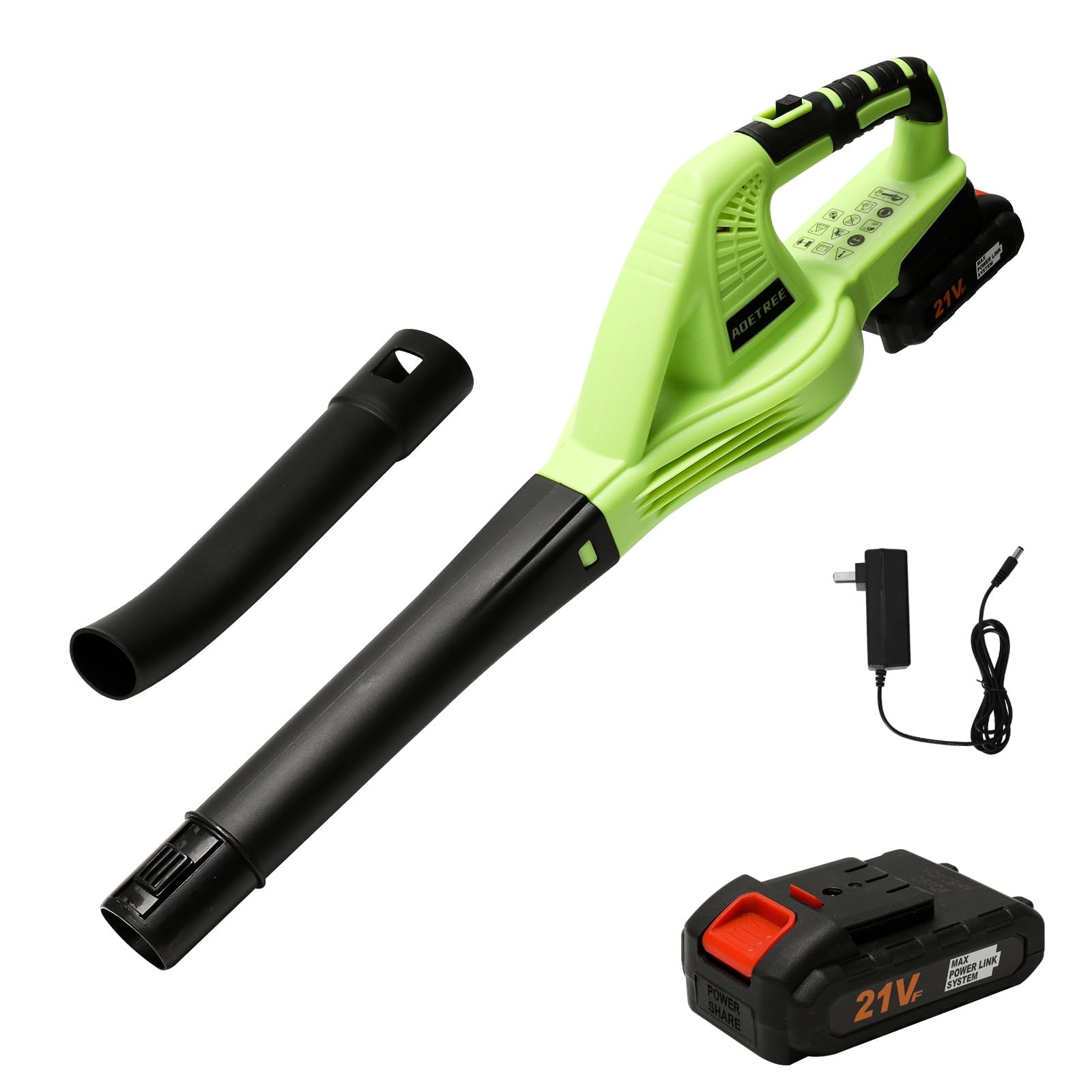 Soffiare fogli macchina, 21 V soffiatore senza fili potente con batteria, 8 m/min, 15000r/min,2 modalità di velocità per la manutenzione del prato, soffiaggio della neve, e rimozione della polvere (1