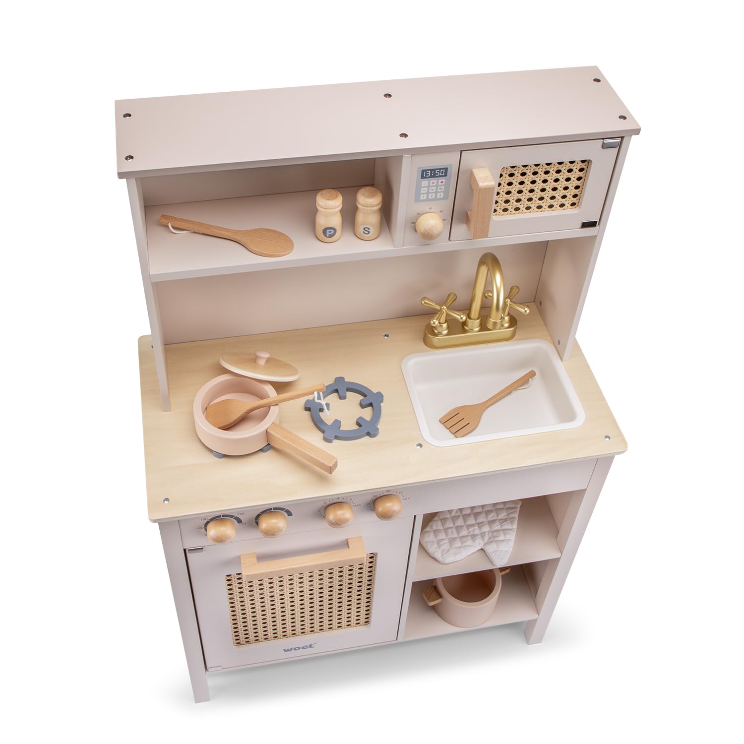 Woet® Cuisine Jouet Rose en Bois pour Enfants - Détails en Rotin et Accessoires - Set d’Imitation - À Partir de 3 Ans