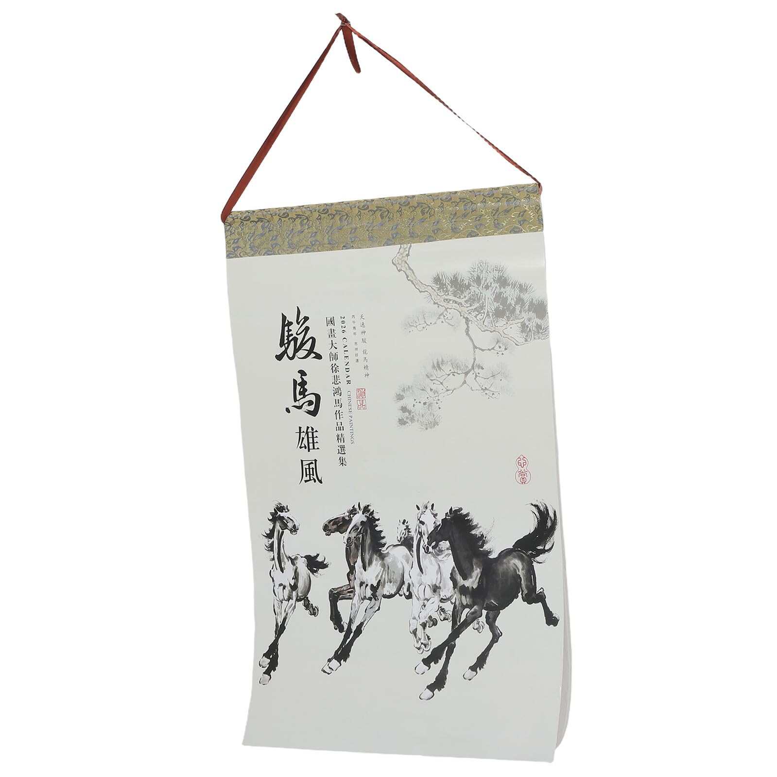 Calendario de Pared Enrollable 2026 Año del Caballo Calendario Lunar Tradicional Mensual Pergamino de Papel Resistente con Arte Chino de Caballos Planificador Colgante para