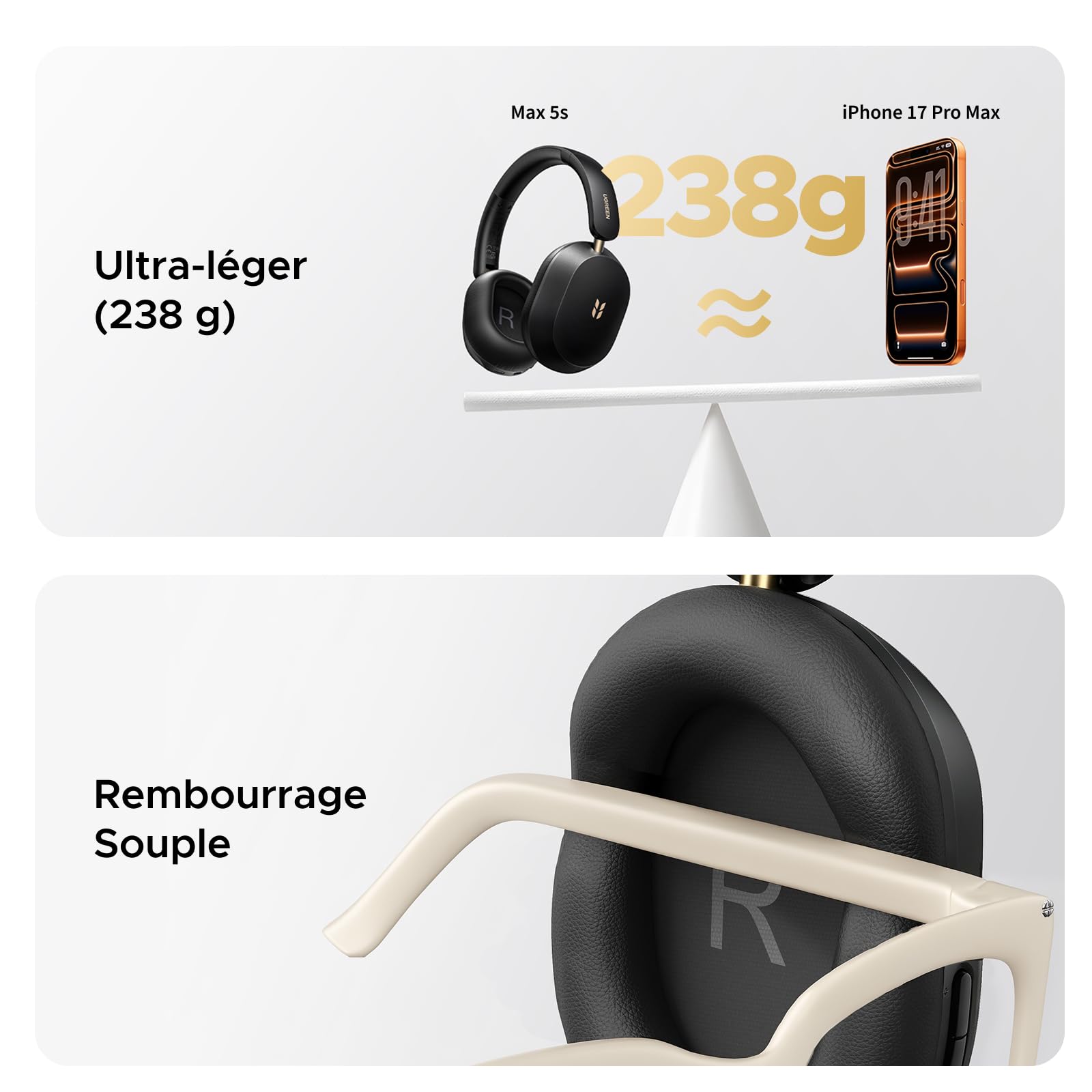 UGREEN HiTune Max 5s Casque Bluetooth sans Fil ANC Adaptative 45dB Hi Res | Casque Audio LDAC 5 Micros BT 6.0 Audio Spatial Réduction Active du Bruit Adaptative EQ App 112H Connexion Multipoint Noir