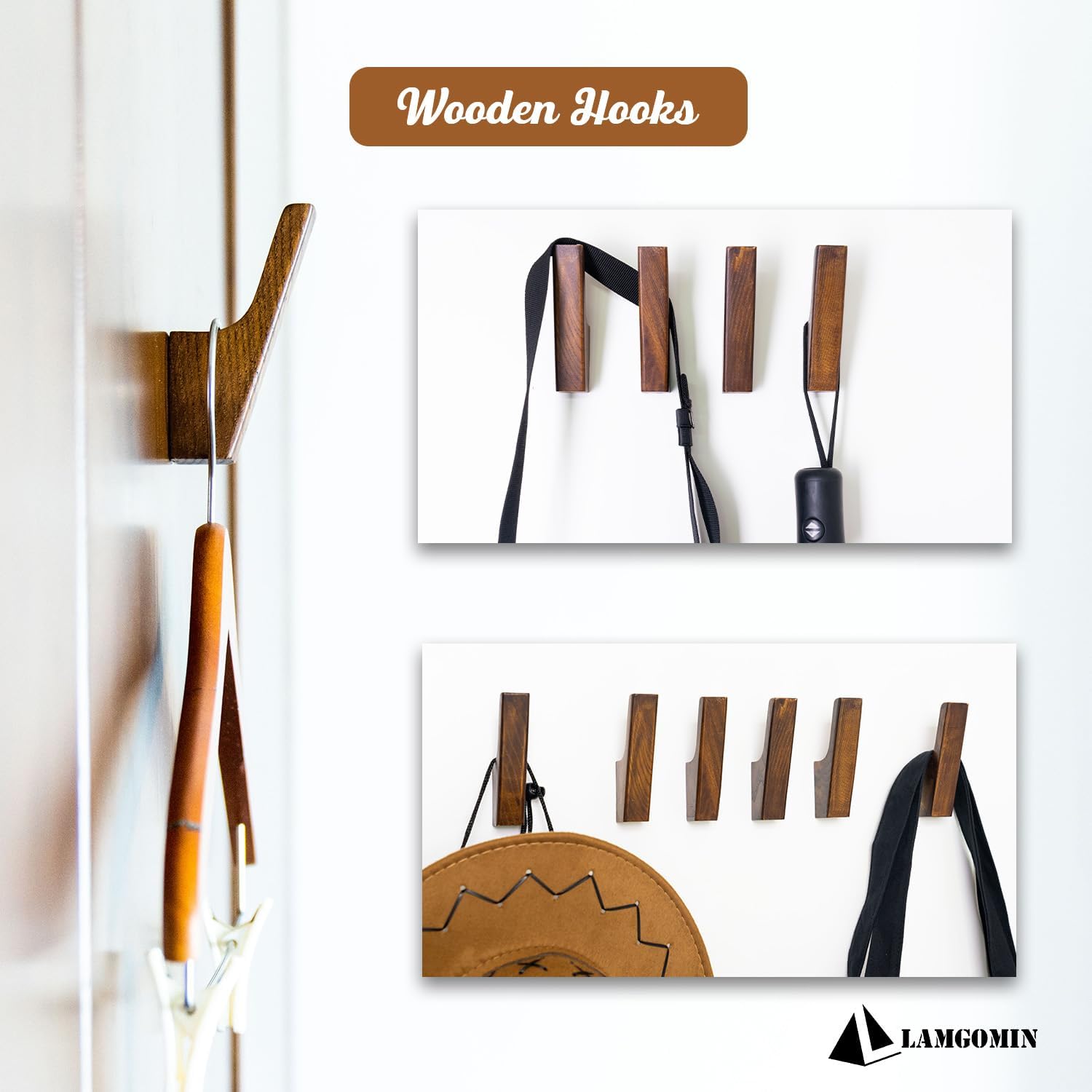 Wood Wall Hooks, 4 Pack Rustic Wood Coat Hooks, Minimalist Hat, Backpack, Jacket, Towel Hangers, Decorative Mounted Pegs, Durable Wall Hooks for Entryway, Bathroom and Kitchen - Image 2