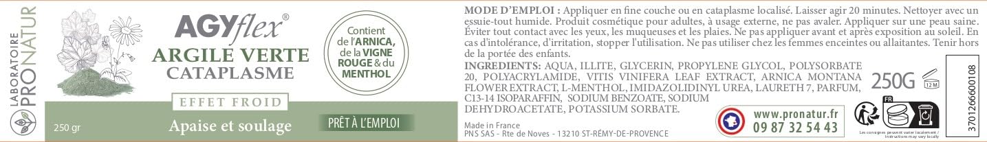 Cataplasme Cryo AGYflex ARGILE VERTE - Bien-être des muscles et articulations - Prêt à l’emploi - Vigne rouge, Arnica, Menthol - 250 g - Fabriqué en France