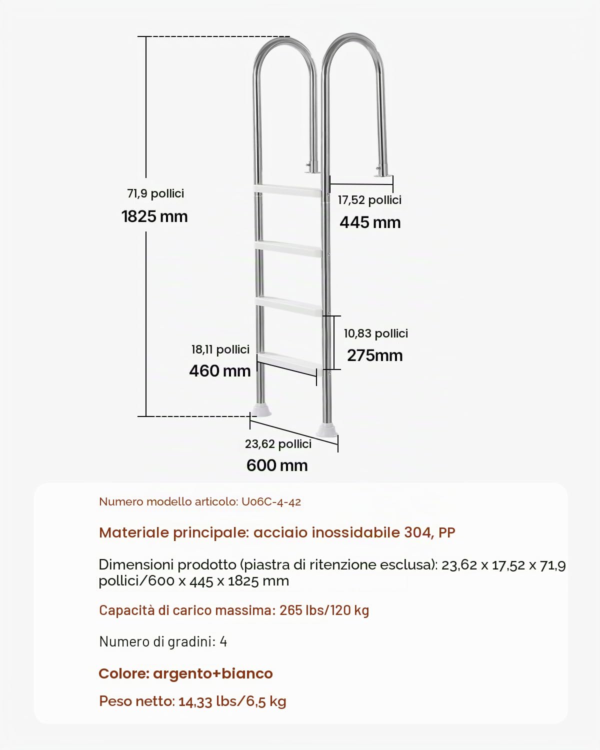 VEVOR Scaletta per Piscina 4 Gradini con Corrimano Doppio, Gradini Antiscivolo Resistenti, Scaletta Sicurezza per Piscina in Acciaio Inox, Capacità di Carico 120 kg per Piscine Interrate da 137 cm
