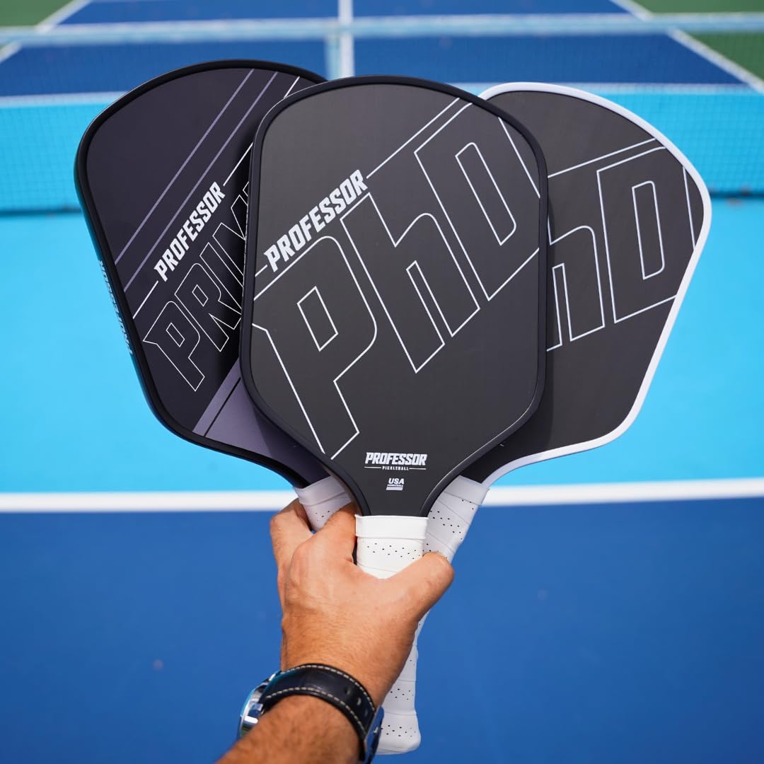 Professor PhD Raw Carbon Fiber Premium Pickleball Paddle Racket Bundle - USA Pickleball Approved - Honeycomb Core - Power & Control- White and Black Edge