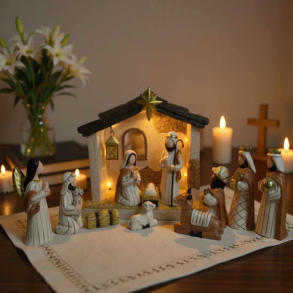 Nativity Set Indoor-14 Piece Nativity Scene with Lighted Manger