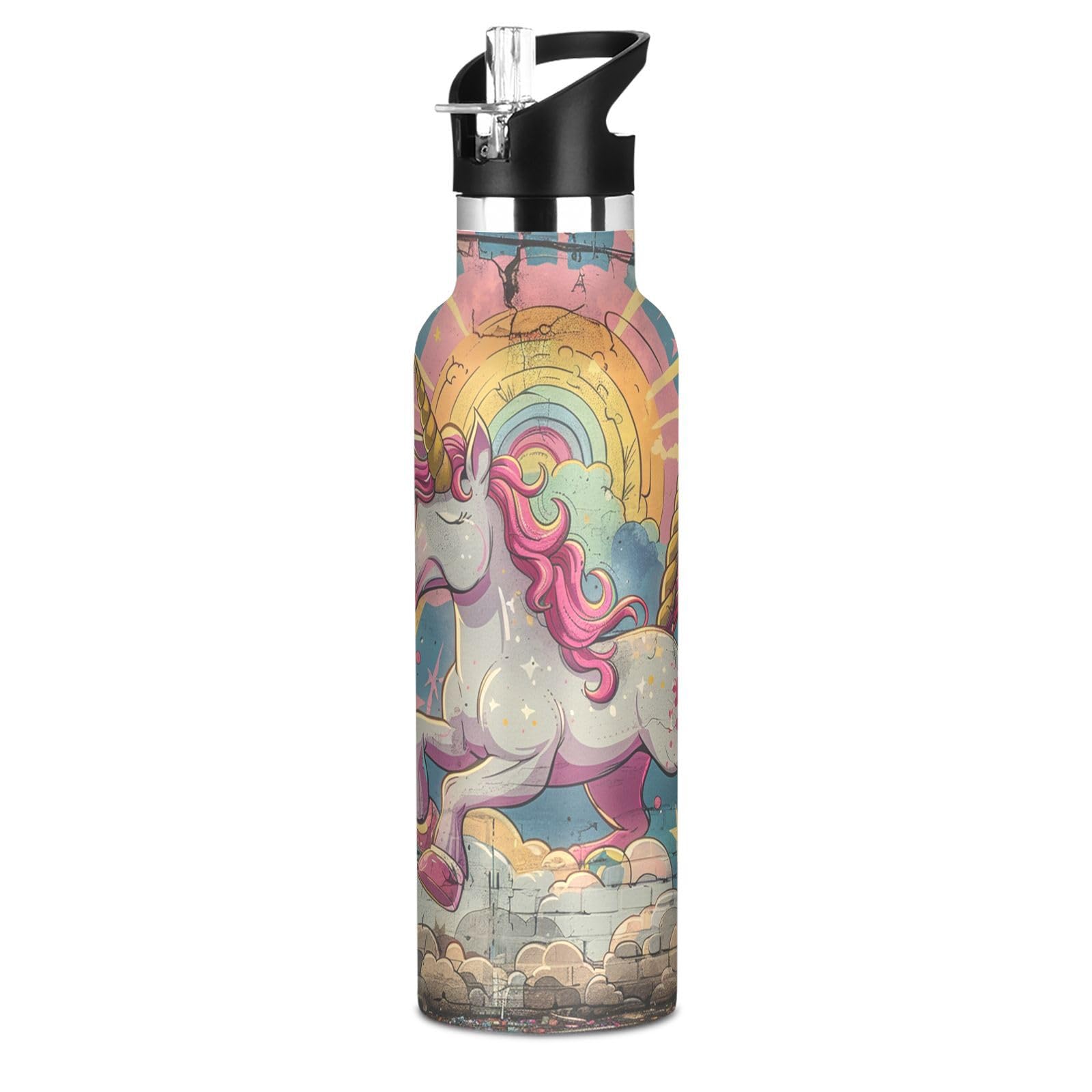 Kaaviyo Boys Pattern Majestic Unicorn Colorful Rays Water Bottle Stainless Steel Jug Insulated Vacuum Cup For Girls(600Ml)