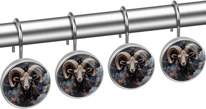 12pcs Decorative Shower Curtain Hooks,Glass Rust Resistant Shower Rings for Curtain and Liner,Rustproof Stainless Steel Rings for Bathroom Living Room Shower Rods(Sign of Aries)