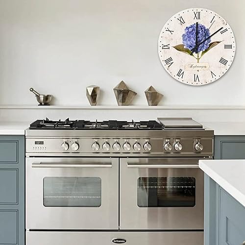 Miniatura 6 de Reloj de pared de hortensias moradas de 15 pulgadas, funciona con pilas, silencioso, sin tictac, retro, con textura de madera, reloj redondo para