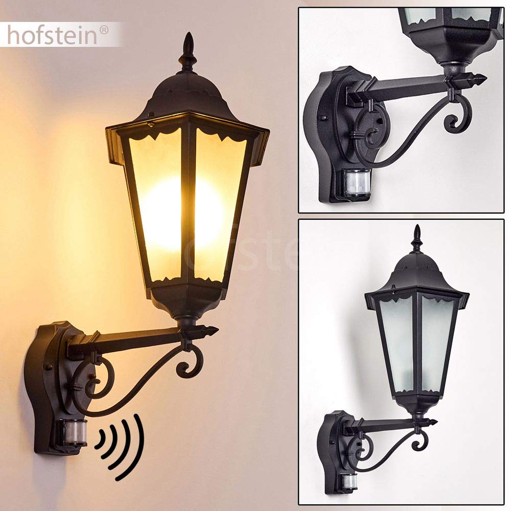 HOFSTEIN Außenwandleuchte Hongkong FROST, Außenwandlampe mit Bewegungsmelder aus Metall/Milchglas in Schwarz, Wechselscheiben Klar, Wandleuchte Up im Retro-Stil, E27, IP44, Eingangsbereich, Haustür