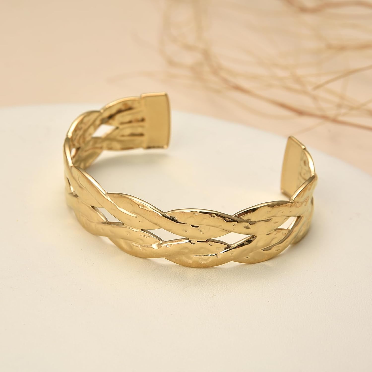 Gold Cuff Bracelet for Women,Chunky Multi-layer Cross Wire hammered Open Bracelet Hollow Trendy Wide Cuff Bracelets Adjustable Bangle - Image 4