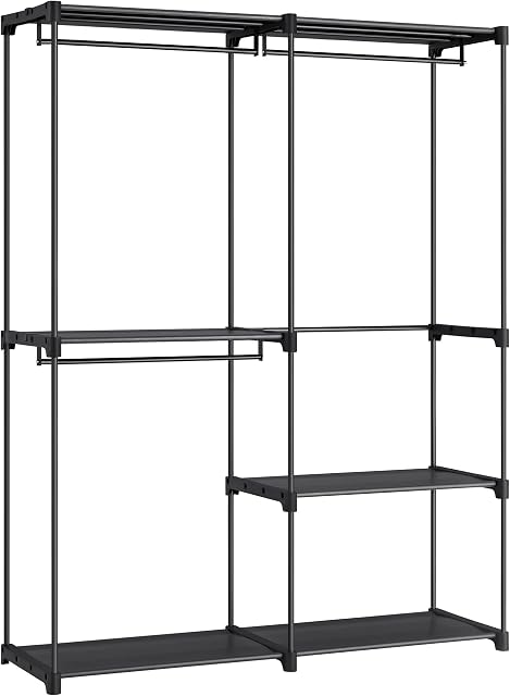 SONGMICS Clothes Wardrobe, Portable Closet, Clothes Garment Rack, 43 x 138 x 182 cm, 3 Hanging Rods and Shelves, Large Capacity for Bedroom, Living Room, Laundry Room, Black RYG025B02