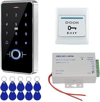 FST Outdoor IP68 Waterproof Access Control System Biometrics Fingerprint RFID Keypad + K80 3A Power Supply + Door Exit Button + 10pcs RFID Keyfobs tags, Without Electric Lock