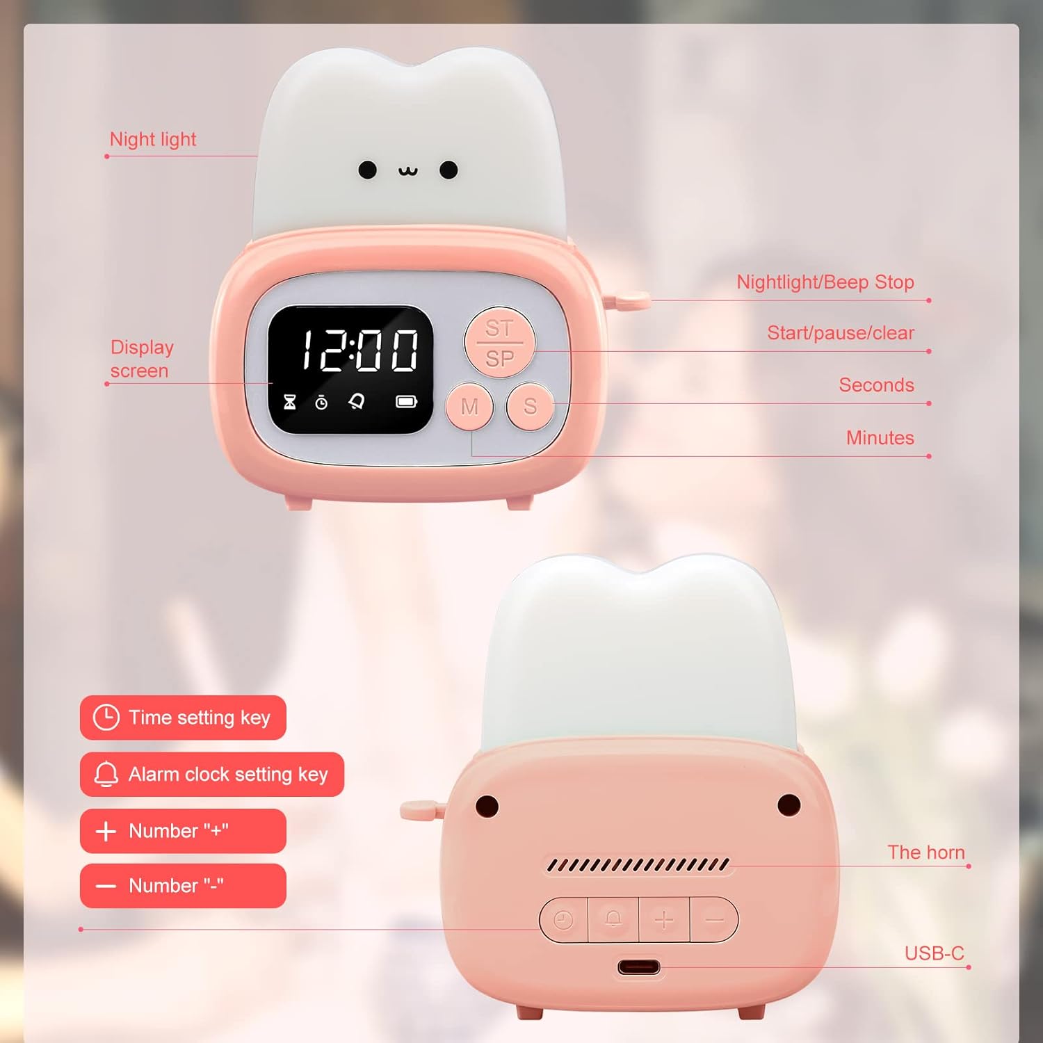 Back view of the QANYI Timer Clock Night Light showing the control buttons and USB-C port.
