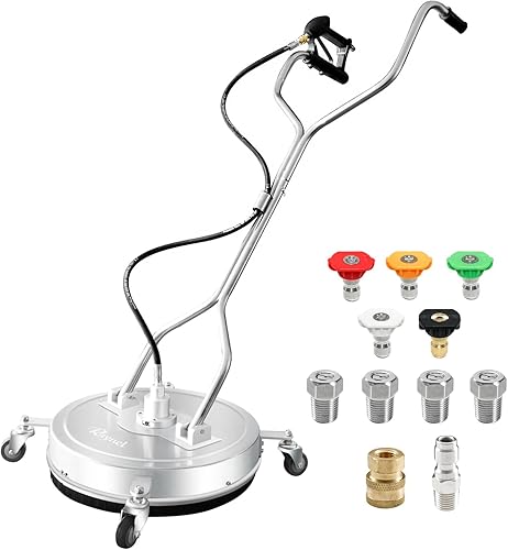 RAYNEL Limpiador de superficie de lavadora a presión de 20 pulgadas con 4 ruedas, mango doble, carcasa de acero inoxidable, 2 adaptadores de
