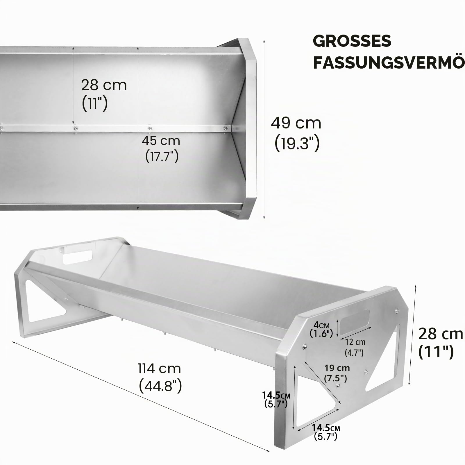 Tragbarer Futtertrog aus verzinktem Stahl, 114,3 cm lang, robust, große Kapazität, leicht zu reinigen, für Kälber, Schafe, Pferde, Alpakas und Ziegen, B807A02