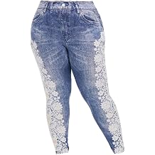 Women Casual Lace Print Faux Denim Trousers Hem Floral Cropped Jeans Skinny Leggings Plus Size Stretch Tights Pant