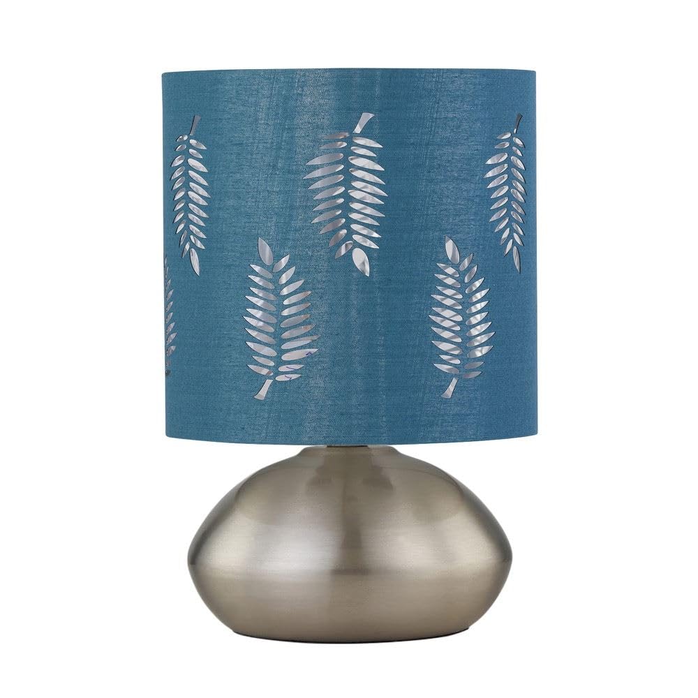 Firstchoicelighting Satin Nickel & Teal Brushed Chrome Touch Operated Table Lamp Or Bedside Light, Modern Design, Height 22Cm, Teal Fern Shade, Led Compatible