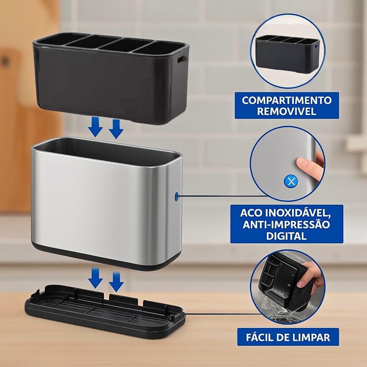 Escorredor Porta Talheres Aço Inox 4 Divisórias com Sistema de Drenagem Design Moderno Organizador de Utensílios de Cozinha Pia