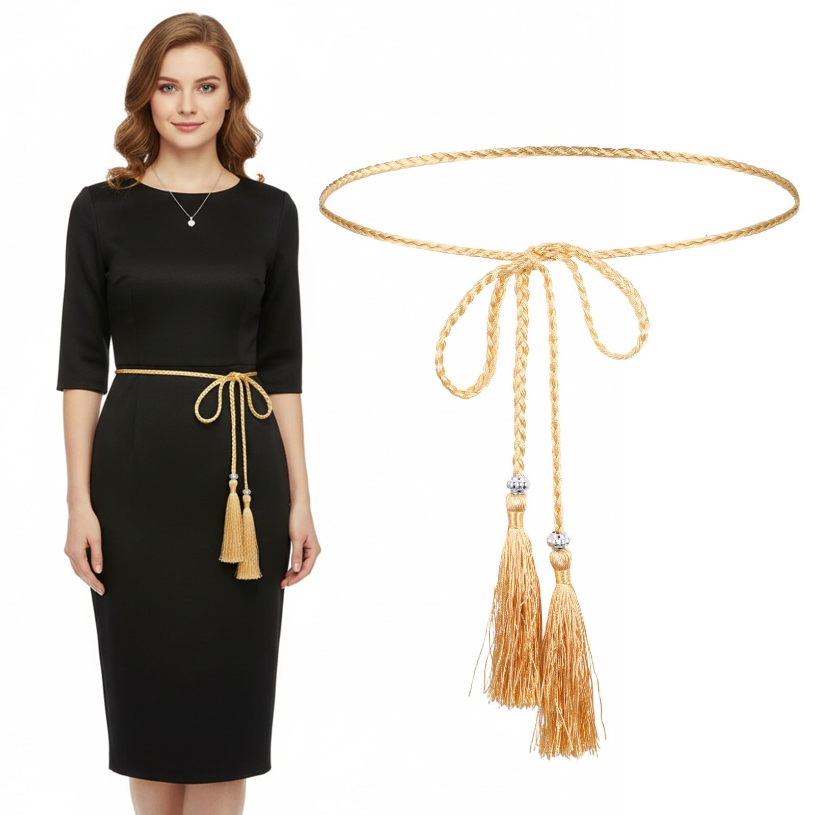 Larrel 2PCS Tassel Braided Waist Belt for Women Gold Rope Belt 65 Inch Length Womens Thin Braided Belts