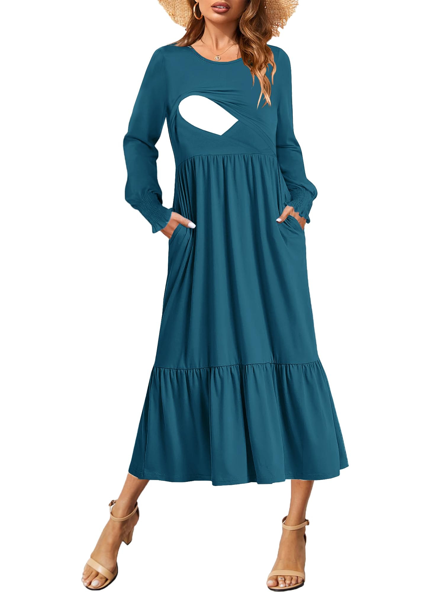Czzzyl Women's Blue Nursing Dress Crew Neck Fall Maternity Flowy Long Sleeve Smocked Cuffs Tiered Cocktail Dresses With Pockets, M