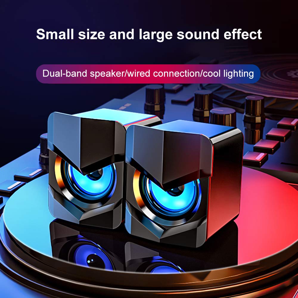 Computer Speaker with Super Bass, USB Powered, Desktop Hi Fi Stereo Surround Sound, 3.5mm Audio Port, Computer Speakers with Atmosphere Lighting for Home Office 158 Mini Speaker Bass Black