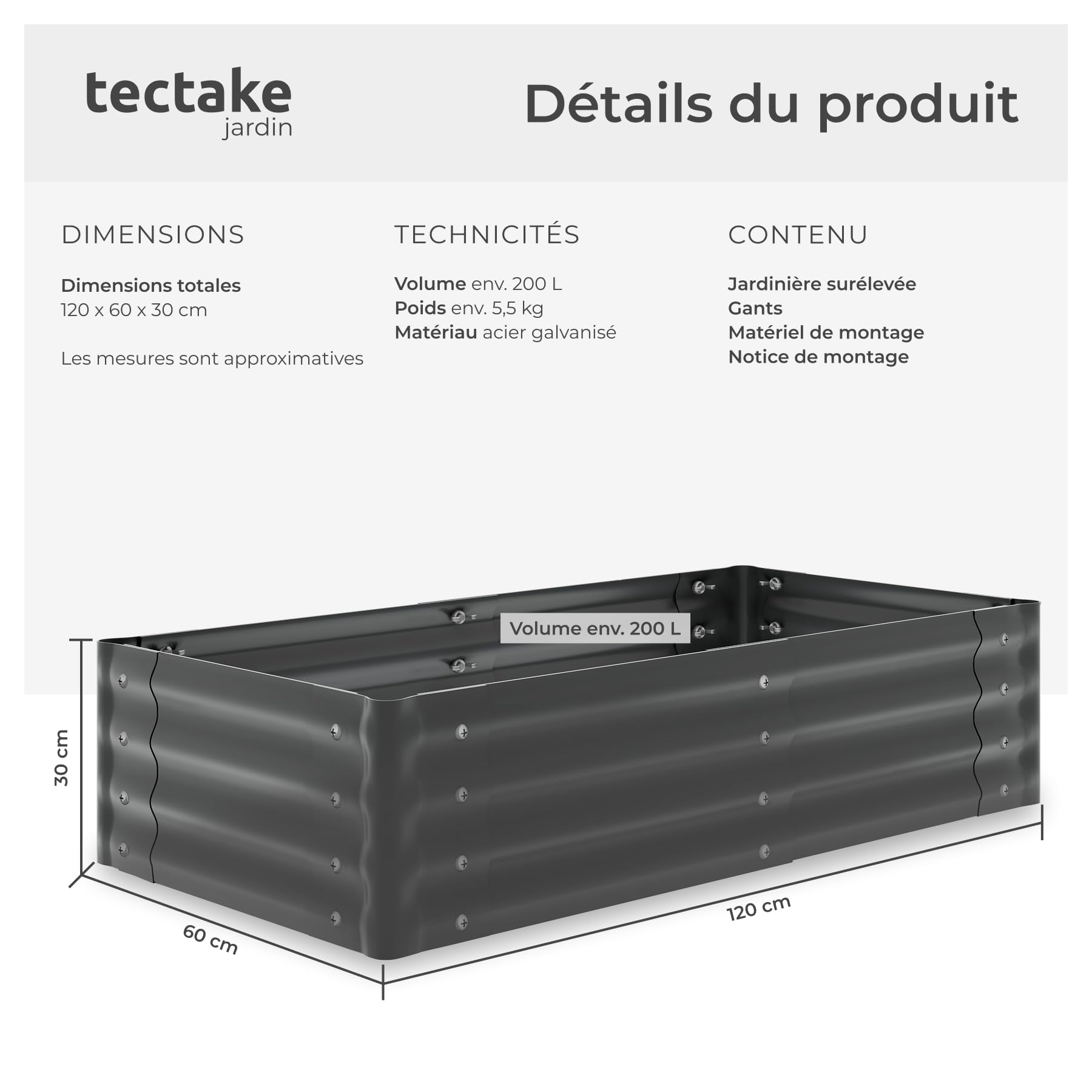 tectake® Jardiniere 120 x 60 x 30 cm, Plate-Bande surélevée en Acier, Potager surélevé, 1 Paire de Gants Jardinage Incluse, Carre Potager 200L, Lit de Jardin, Jardiniere Exterieur, Bac a Fleur Jardin