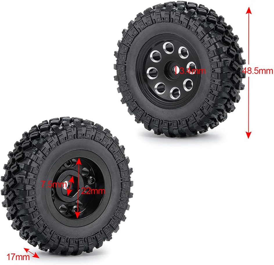 RCLIONS 4pcs RC Micro Beadlock Wheel Rims & Rubber Tires for All 1/24 Axial SCX24 AXI00001,AXI00002,AXI90081Deadbolt RC Crawler Truck Car (Black)
