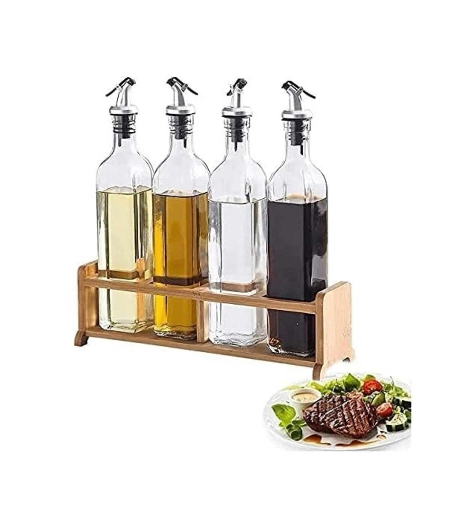 Set Olio e aceto Dispenser for Olio e aceto, Set di Bottiglie for aceto e Olio da 500 ml con Supporto in Legno, ampolla for Salsa in Bottiglia for Olio in Vetro Oliera