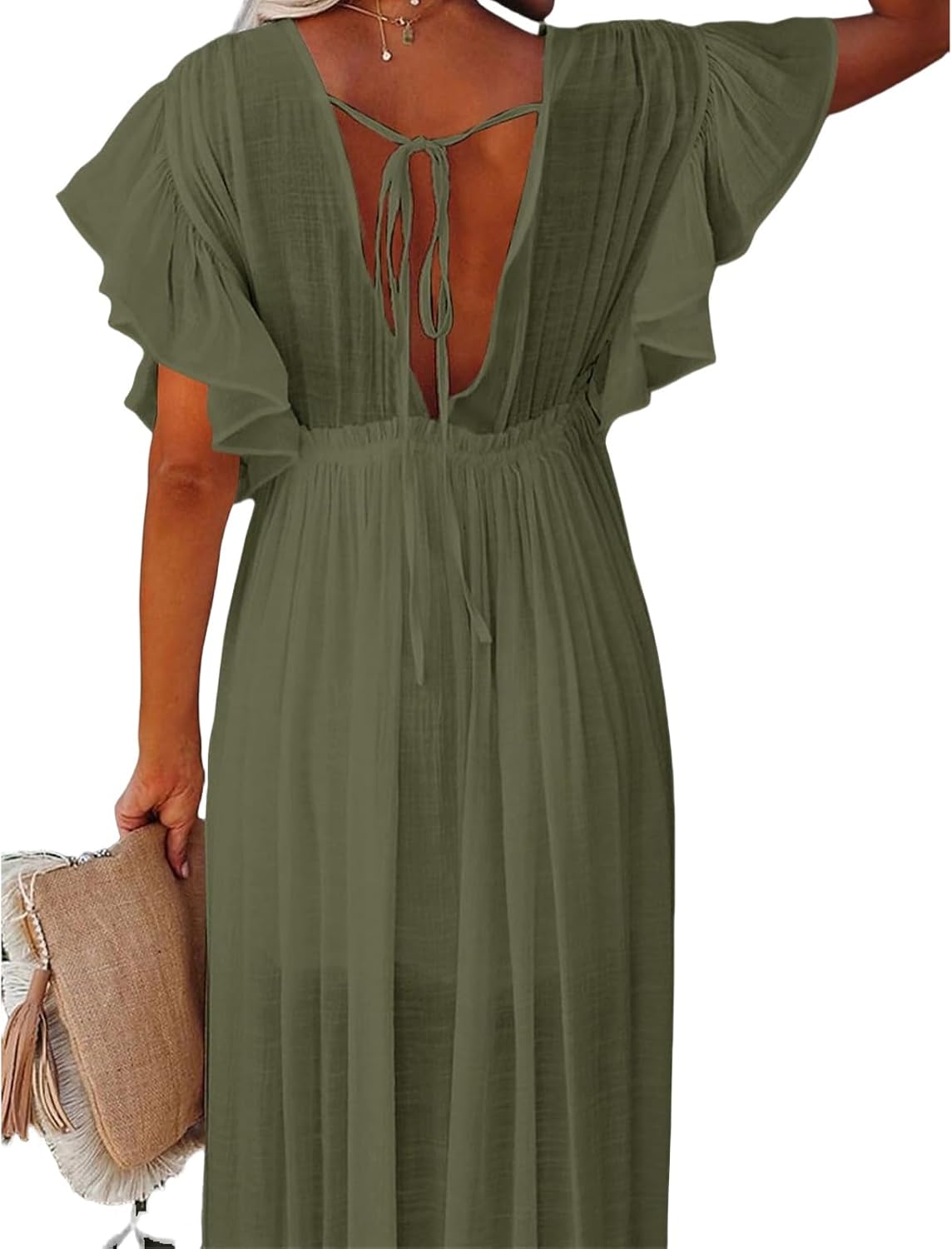 Summer Dresses for Women 2024 Casual Maxi Flowy Beach Cover Up Dress V Neck Button Drawstring Short Sleeve Dress - Image 3