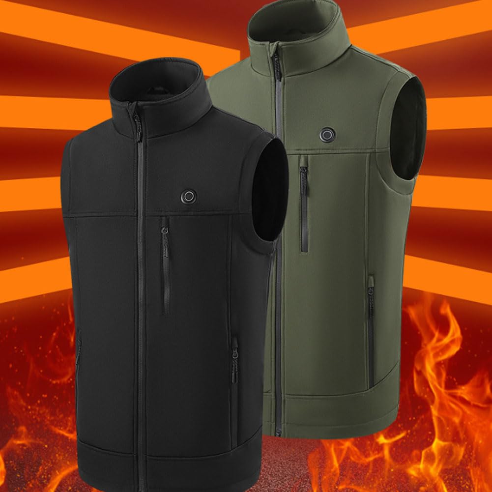 Chaleco Térmico para Hombre y Mujer, Chaleco Eléctrico Calefactable con 3 Ajustes Temperatura Calentamiento Rápido 10s 5V Seguro Lavable Impermeable al Viento Army Green XL