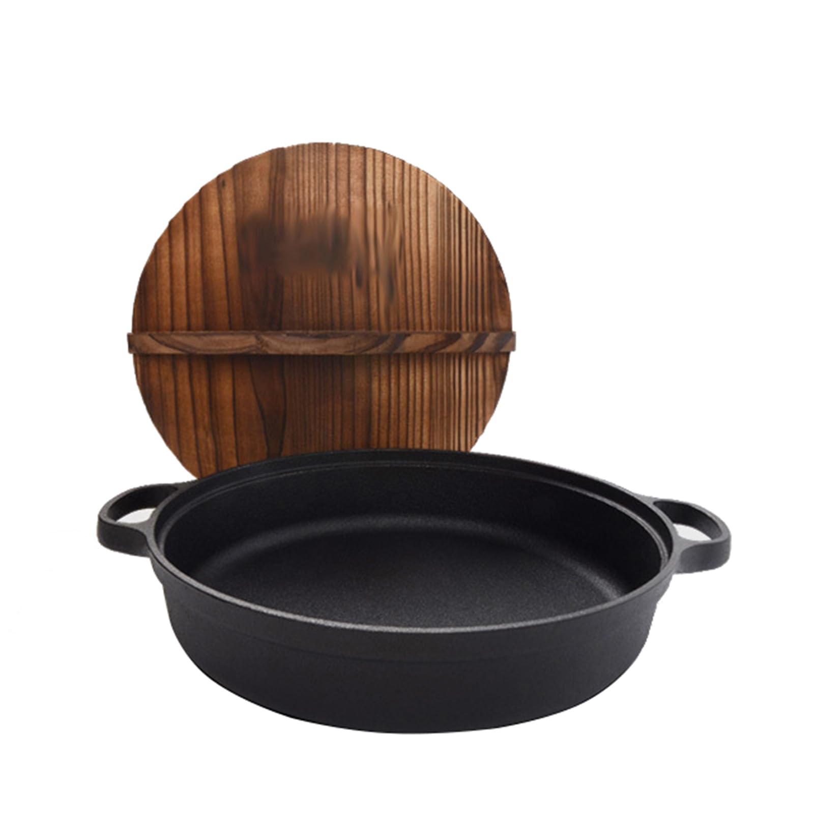 SVRITE Patelnia wok żeliwna 25/28/30/33/35 cm z płaskim dnem z drewnianym uchwytem i pokrywką, nieprzywierająca powierzchnia do smażenia, smażenia, grillowania, nadaje się na kuchenkę i piekarnik (25