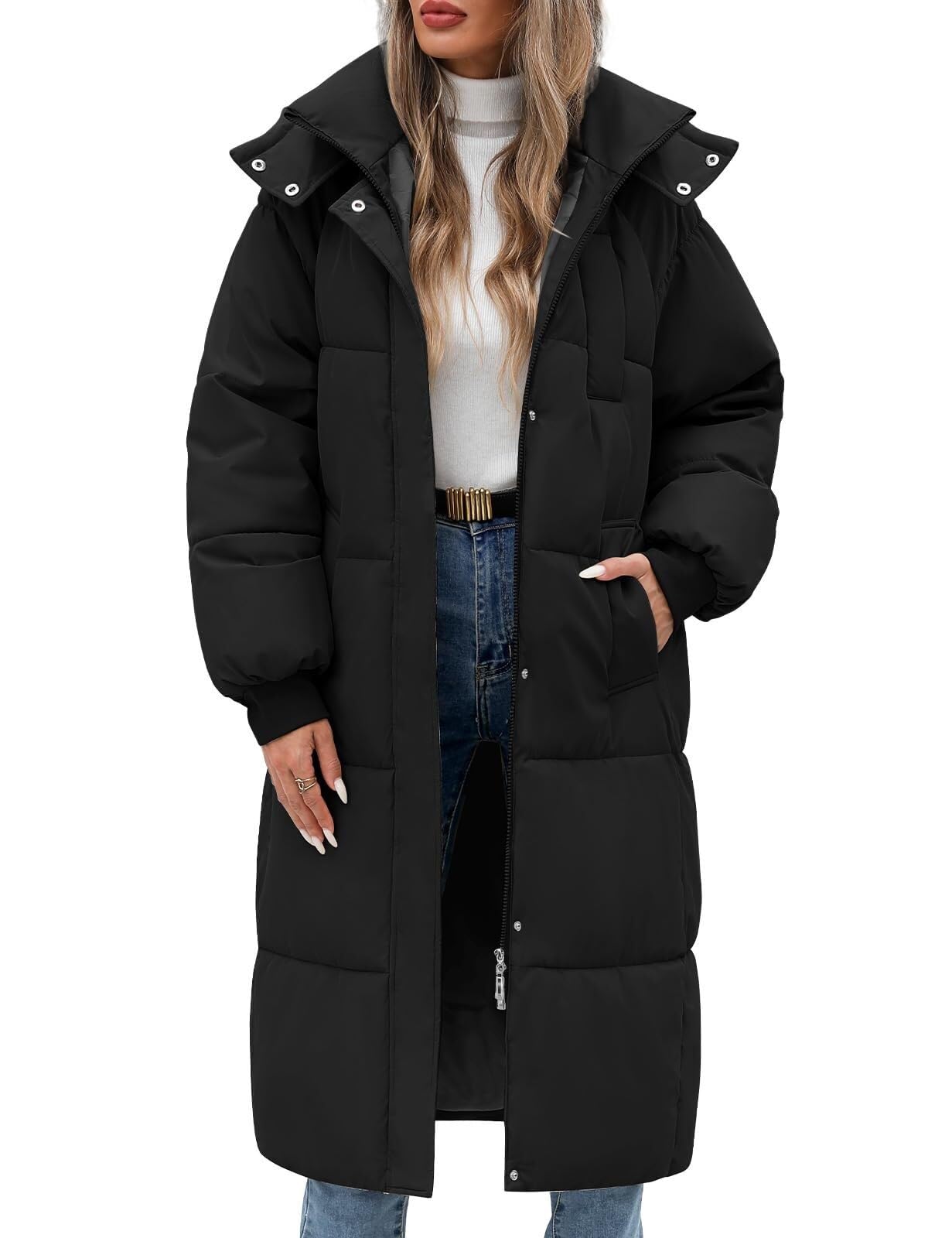 Lockenstab Women's Black Long Winter Coat Sleeve Puffer Quilted Coats Thickened Warm Hooded Padded Jackets Longline Windproof Outerwear For(,Medium)