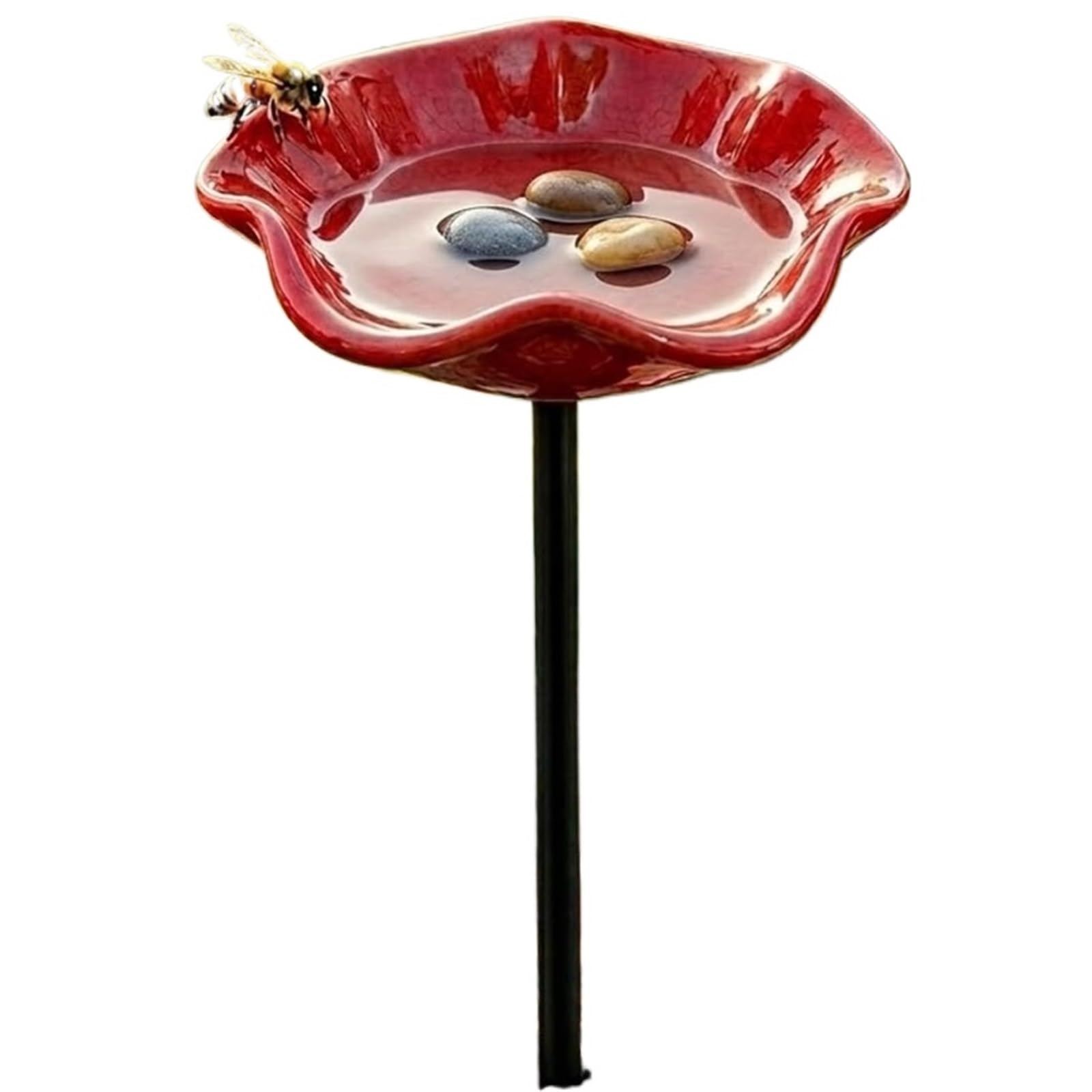 QAZWZG Handmade Ceramic Flower Garden Stakes Bird Bath Ceramic Bee Watering Station, Handmade Flower Garden Stakes Bird Bath, Mini Pollinator(Red)