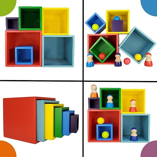 TEKOR Cajas de color arcoíris apilables de madera Bloques de anidación y apilamiento para niños pequeños Tazas educativas Montessori para aprender