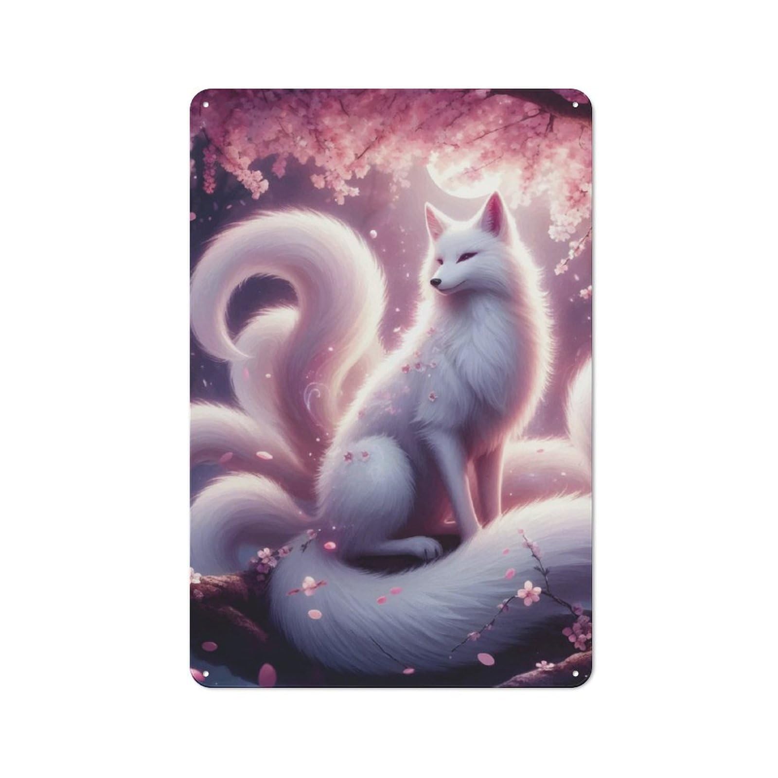 Junmoney Ninetail White Kitsune Metal Plaque 30X20cm With For Garage Wall, Vintage Decor, For Vintage Wall Decor Fans, For Metal Sign Collectors