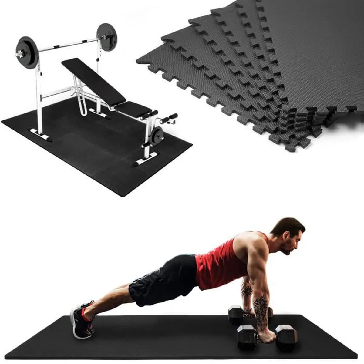Tappeto Palestra, Tappeto Puzzle, Tappeto Gomma Antiscivolo, set x 18, Tappetino Fitness, Home Gym, Tatami Palestra, Tappeti, Pavimento Gommato Palestra, Tappetino Ginnastica (NERO)