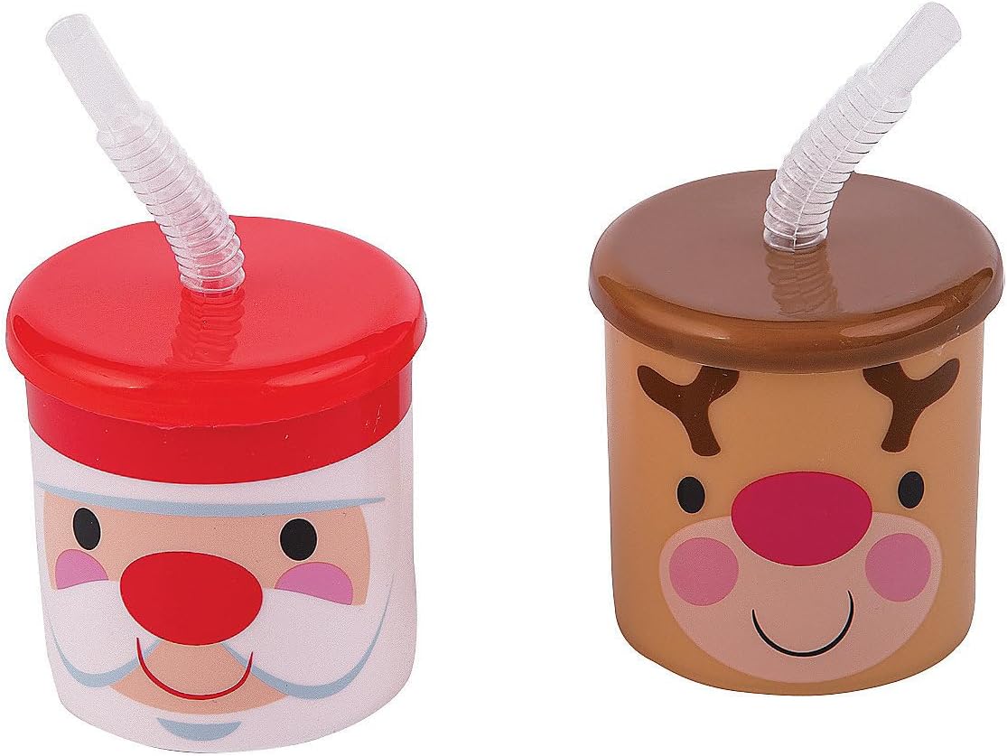 Fun Express Set of 12 Cheery Christmas Plastic Cups with Lids and Straws, BPA Free Plastic, Reindeer and Santa Designs, Cups Hold 7 oz, Holiday Party Supplies, Multi-Color