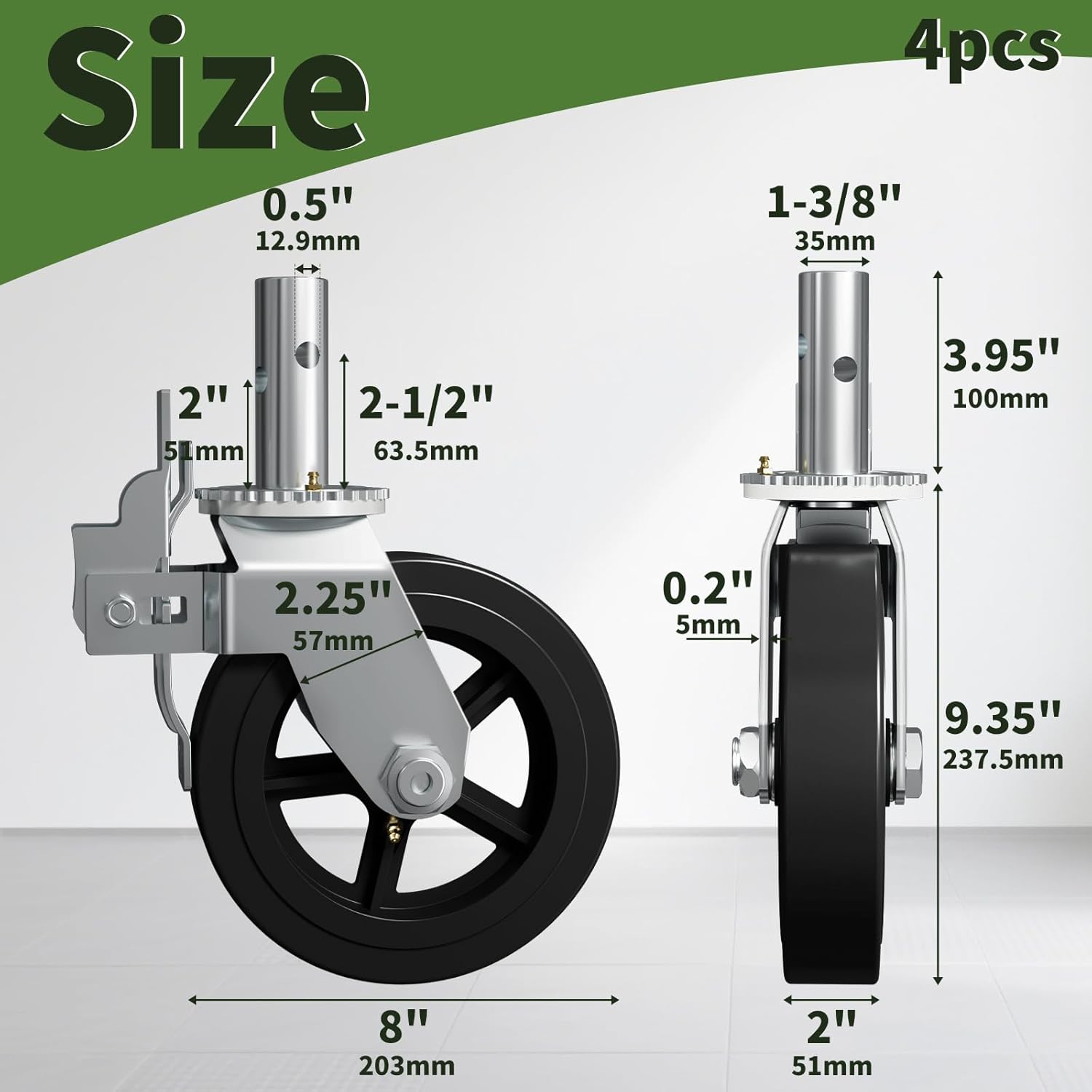 8 Inch Scaffolding Wheels, Set of 4 Scaffold Caster with Dual Locking Brakes, Heavy Duty 750LBS Capacity per Rubber Caters 1-3/8" Solid Round Stem Replacement for Scaffold Workbench Shelves