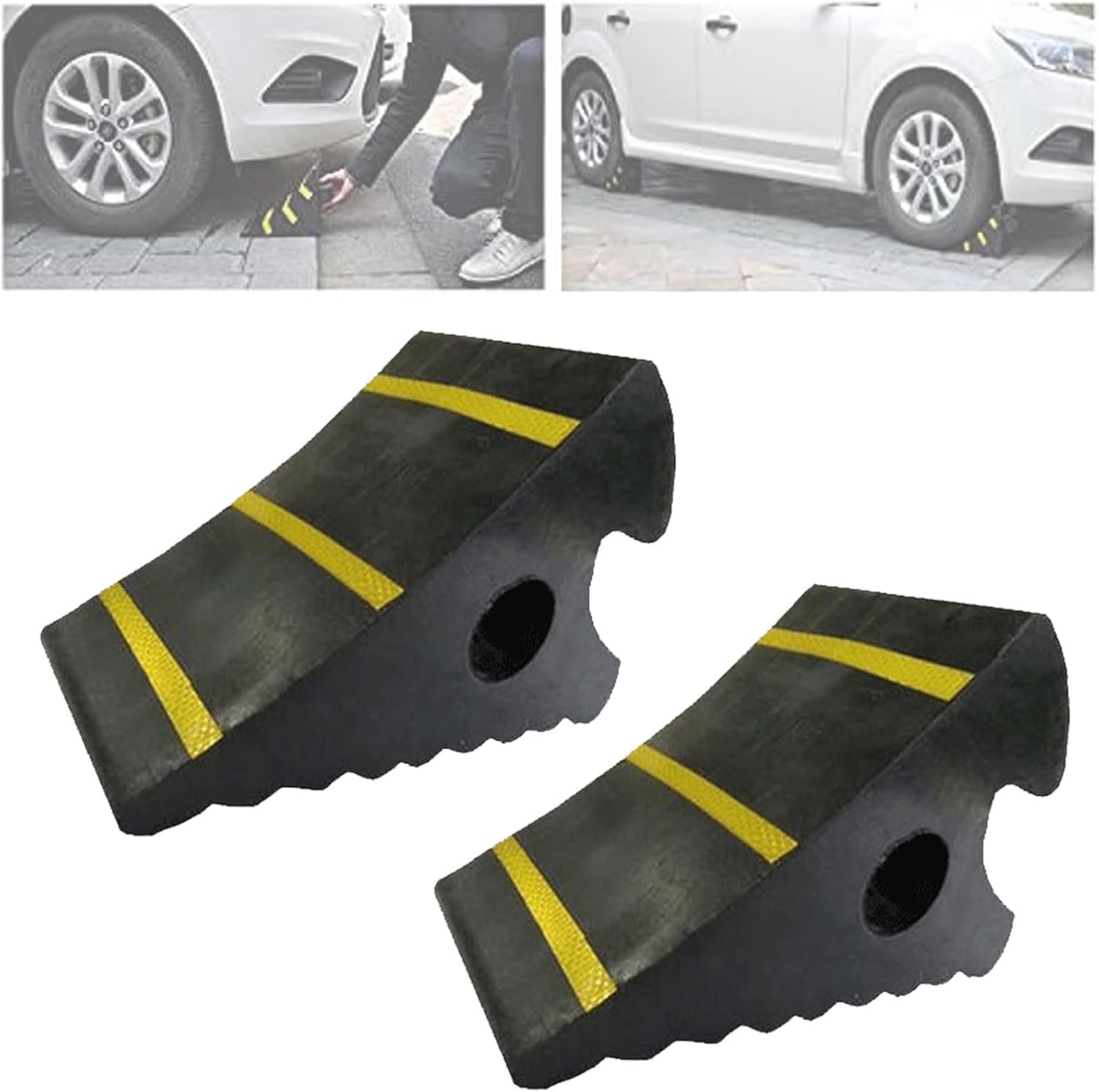 Wheel Chocks for Cars, Heavy-Duty Solid Non-Slip Base Trailer Chocks with One-piece Carrying Handle & Reflective Strips, for Travel, RV, Truck, 2pcs