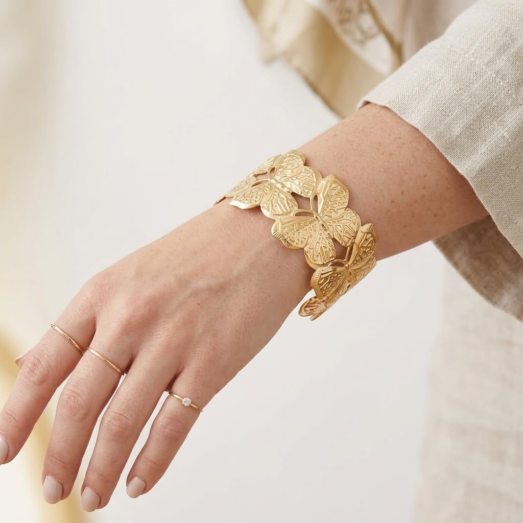 Chunky flower summer beach Cuff Bracelet for Women Adjustable Open Bangle Golden Plated, Heavy Statement Botanical Arm Jewelry Boho Nature Inspired Gift