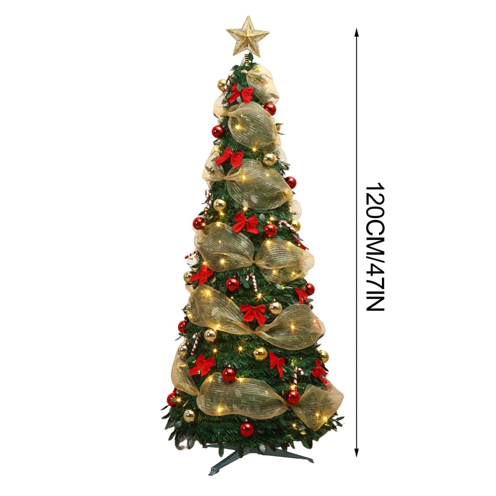 Árbol de Navidad plegable, 1,2 m/1,5 m, árbol de Navidad emergente con luz LED, árbol plegable, decorado con cinta y lazo, árbol de Navidad luminoso LED para decoración de vacaciones interiores (A-1,2