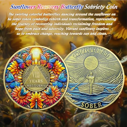 Image of Delicate Sunflower 8 Year Sobriety Coin - Eight Year Recovery Butterfly AA Coins - One Day at A Time NA HA AA Chips and Medallions - 1-40 Years Living Clean Alcoholics Anonymous Gifts for Men Women