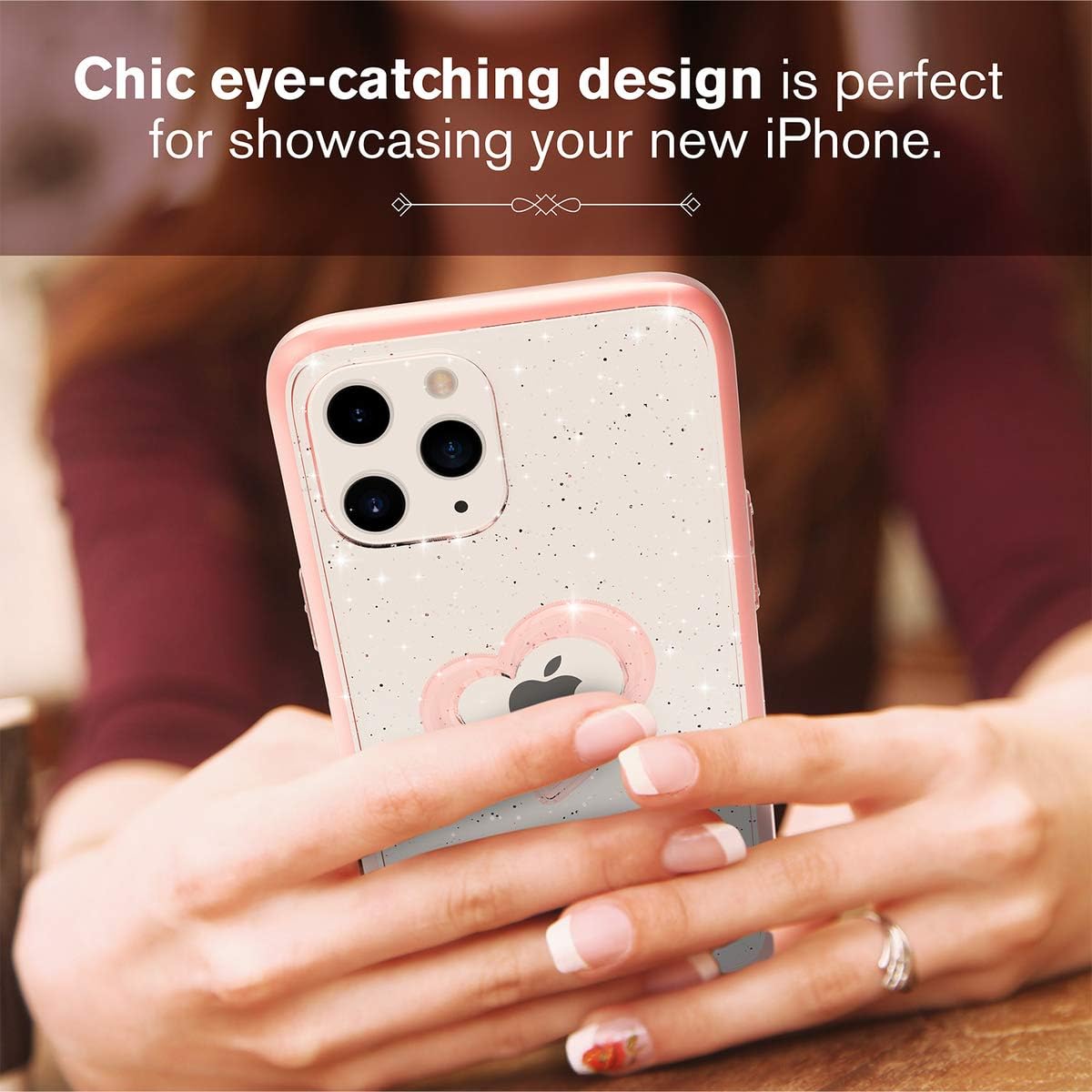VENA vLove Glitter Clear Case Compatible with Apple iPhone 12 / iPhone 12 Pro (6.1"-inch), Heart Shape (CornerGuard Protection) Dual Layer Slim Hybrid Clear Bumper Case Cover (Rose Gold)