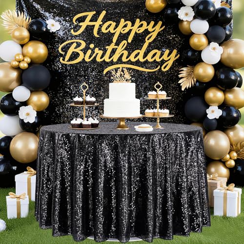 Image of B-COOL Round Tablecloth Sequin Draping Decorations: 132 Inch Tablecloths Black Sequence Overlay Shimmer Fabric for Birthday Dinner Parties Halloween