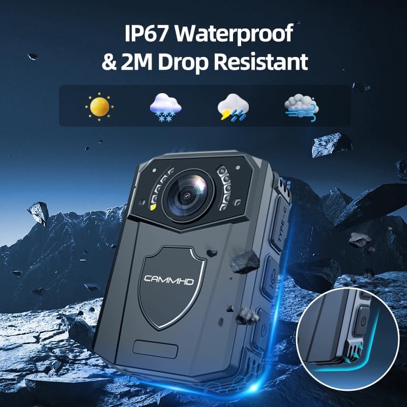 CAMMHD Z3 Body Camera in a rugged environment, highlighting its IP67 waterproof and 2M drop resistant features