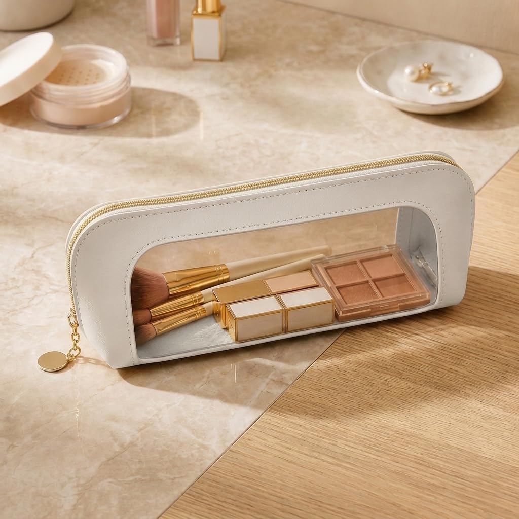 Makeup Brush Case, Travel Makeup Brush Case, Clear Window, White PU Leather image 3