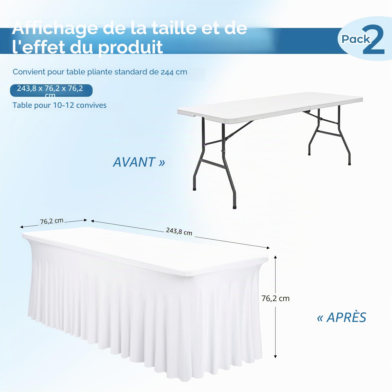 Ensemble de 2 Jupes de Table en Spandex Blanc, Housse de Table élastique tout - en - un pour Table Rectangulaire de 8 ft, Jupe de Table Facile à Installer, Idéale pour les Fêtes de Mariage Banquet